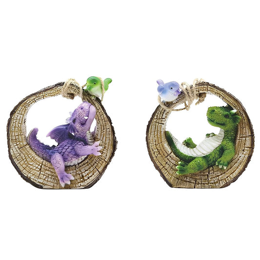 ICE ARMOR 2-PC Green and Purple Mini Dragons Lying on Tree Log Ornament 3.75" H Fantasy Decoration Figurine Set