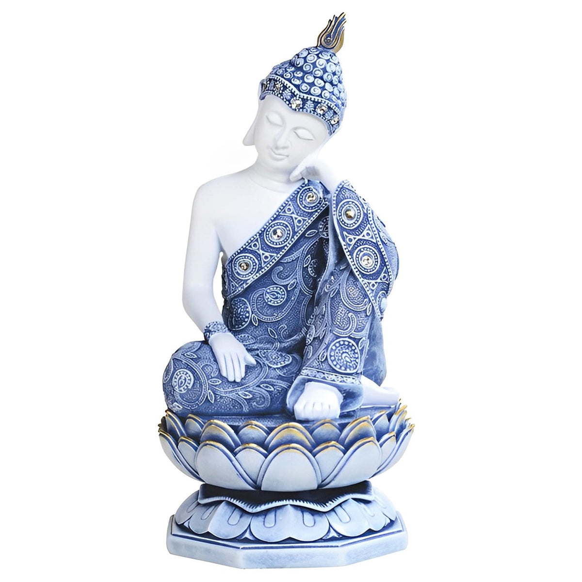 ICE ARMOR 11" H Blue and White Thai Buddha on Lotus Seat Statue Feng Shui Decoration Religious Figurine