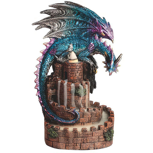 ICE ARMOR 9" H Blue Dragon on Castle Backflow Figurine Home Décor