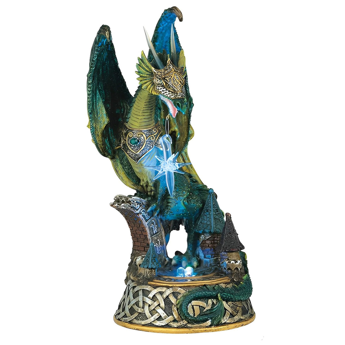 ICE ARMOR 9" H LED Green Dragon Standing on Village Statue Fantasy Decoration Figurine