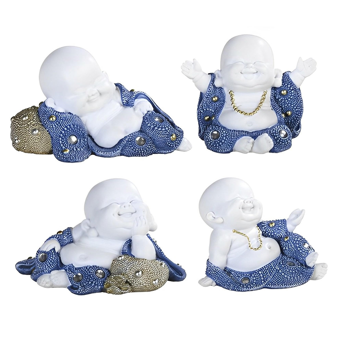ICE ARMOR 4-PC Blue and White Miniature Maitreya Buddha in Different Poses 4.5" H Feng Shui Statue Decoration Figurine Set