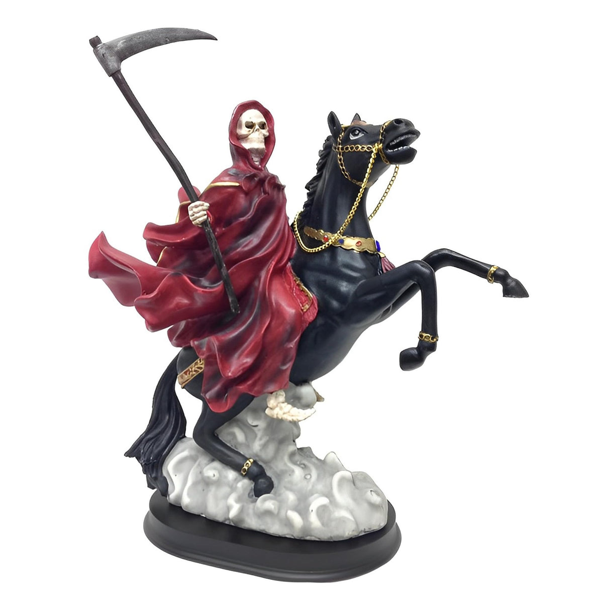 ICE ARMOR 12" H Red Santa Muerte Riding Black Horse Statue Our Lady of The Holy Death Figurine Religious Decoration