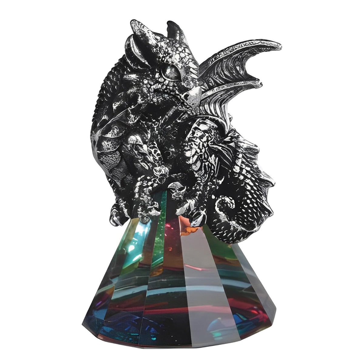 ICE ARMOR 3.5" H Silver Dragon Sitting on Pyramid Glass Statue Fantasy Decoration Figurine