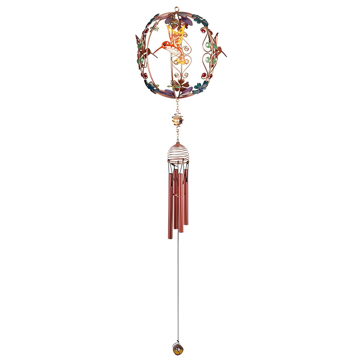 ICE ARMOR 30" Long Hummingbird Copper and Gem Wind Chime in Globe Shaped Garden Patio Decoration