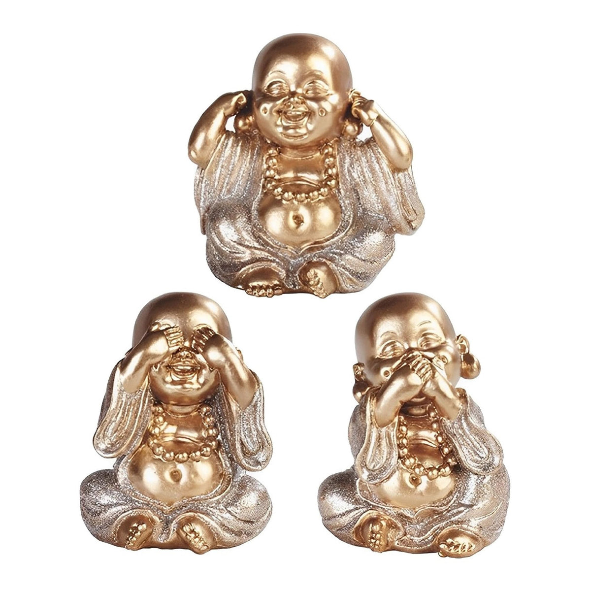 ICE ARMOR 3-PC Gold Maitreya Buddha Hear-No, See-No, Speak-No Evil 3.5" H Statue Decoration Figurine Set