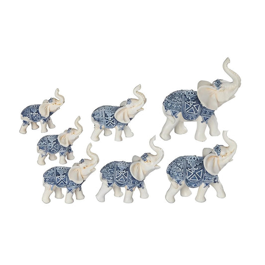 ICE ARMOR 7-PC Blue and White Thai Elephant in Different Sizes 2" -4" H Statue Decoration Figurine Set