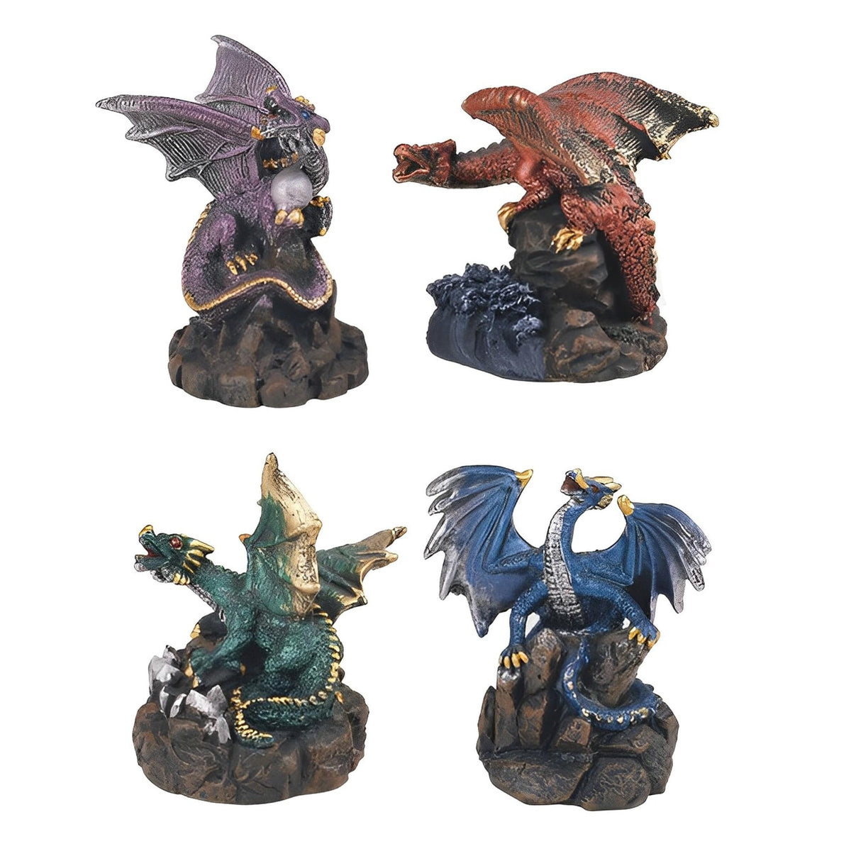 ICE ARMOR 4-PC Green, Blue, Red, and Purple Dragons Standing on Rock 3" H Fantasy Decoration Figurine Set