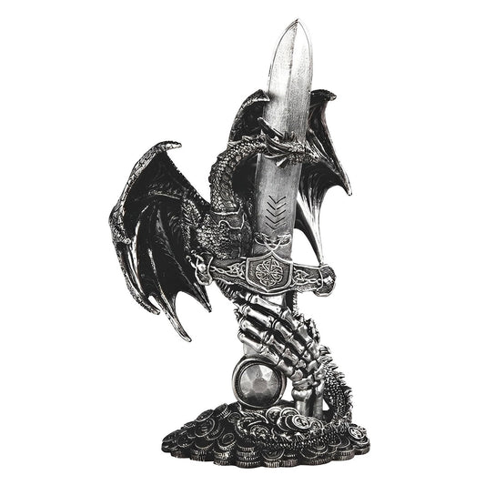 ICE ARMOR 11.75" H Silver Dragon with Sword Statue Fantasy Decoration Figurine