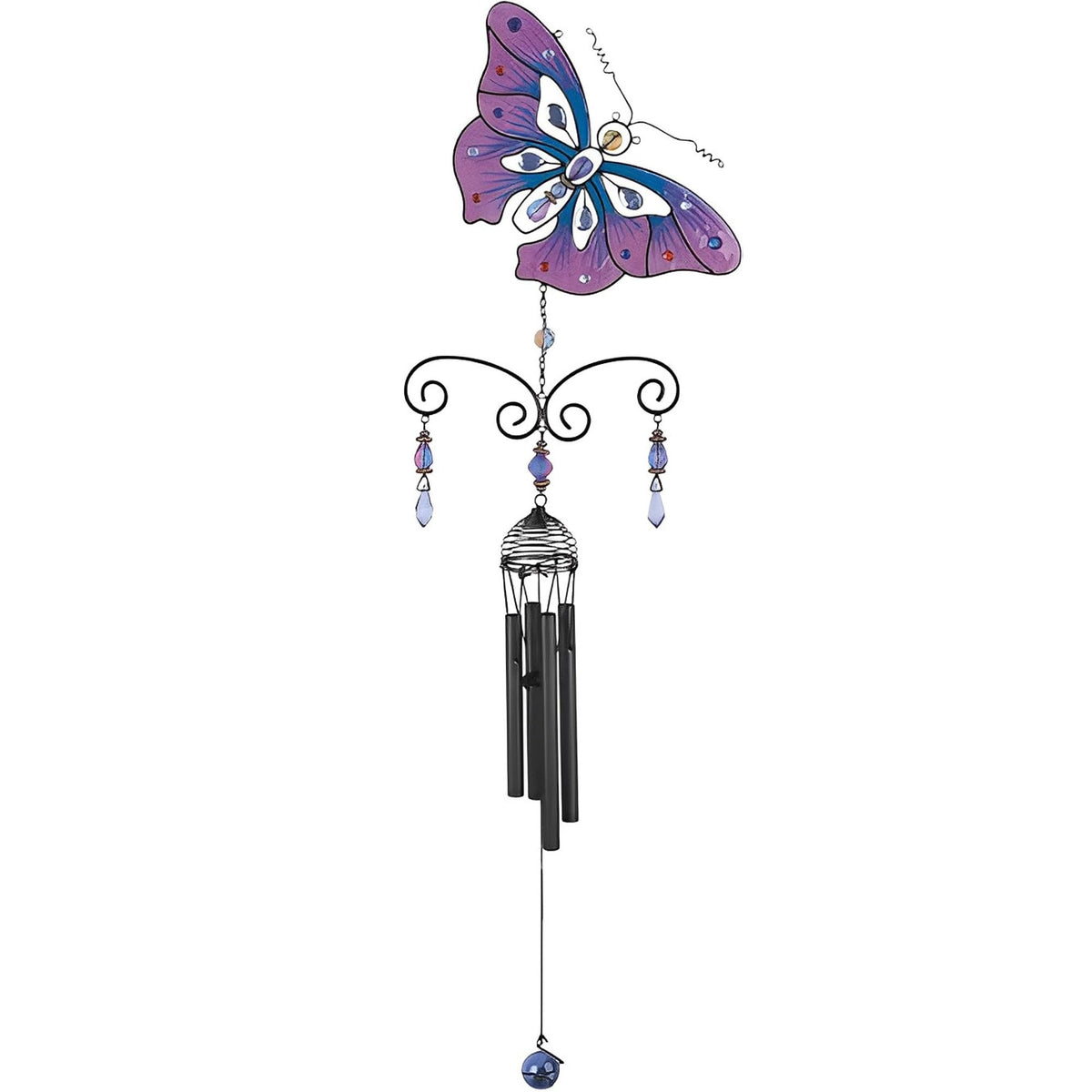 ICE ARMOR 32" Long Pink Butterfly Wind Chime with Black Gem