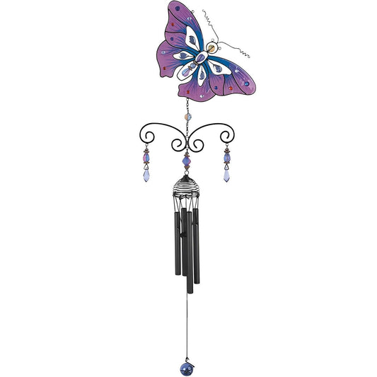 ICE ARMOR 32" Long Pink Butterfly Wind Chime with Black Gem