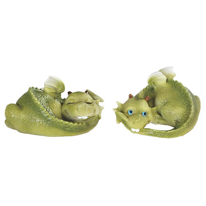 ICE ARMOR 2-PC Cute Green Dragon Baby Resting Figurine Set 3.5" W Statue Fantasy Decoration