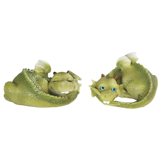 ICE ARMOR 2-PC Cute Green Dragon Baby Resting Figurine Set 3.5" W Statue Fantasy Decoration