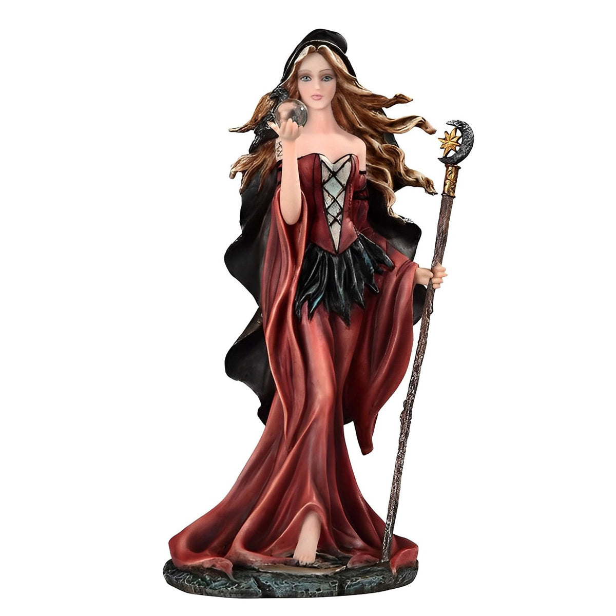 ICE ARMOR 10.5" H Brown Witch with Magic Wand and Glass Ball Statue Fantasy Decoration Figurine