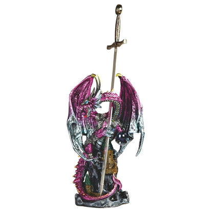 ICE ARMOR 18" H Purple Dragon with Sword on Castle Statue Fantasy Decoration Figurine