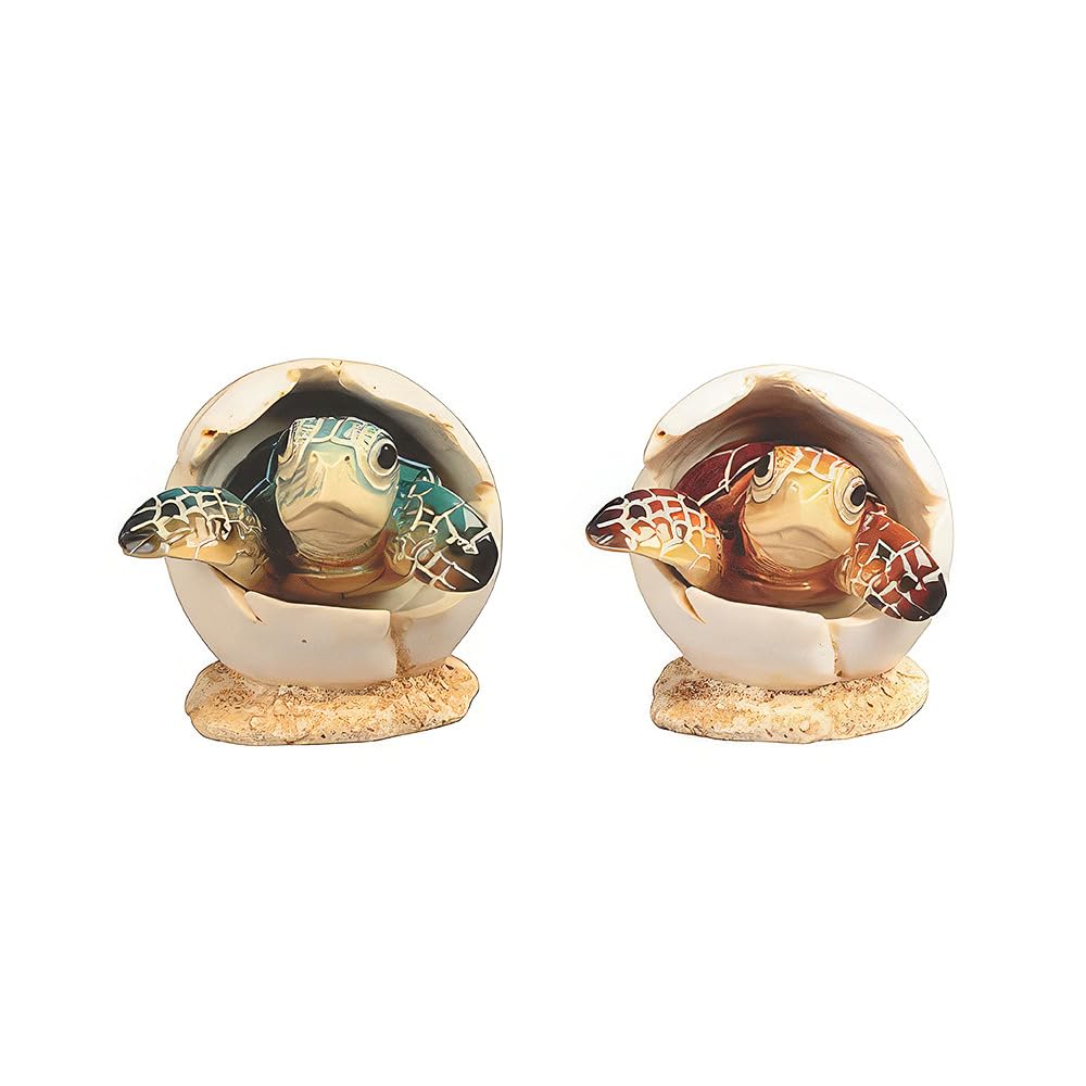 ICE ARMOR 3" H Brown and Blue Sea Turtle in Egg 2 PC Set Figurine Statue Home Room Decor