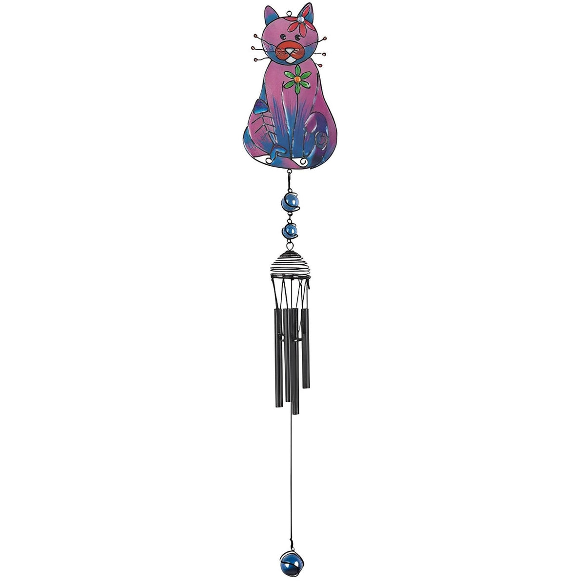 ICE ARMOR 30" Long Purple Cat with Fish Bone Black Gem Wind Chime