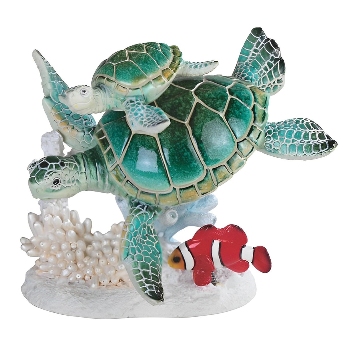 ICE ARMOR 6.5" H Green Sea Turtle and Baby Swimming with Clownfish Statue Marine Life Decoration Figurine