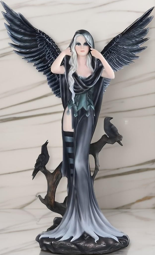 ICE ARMOR 24" H Dark Angel Fairy with Two Crows Statue Fantasy Decoration Figurine Large Sculpture