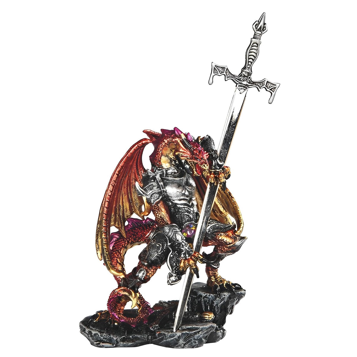 ICE ARMOR 5" H Red/Gold Dragon with Armor and Sword Statue Fantasy Decoration Figurine