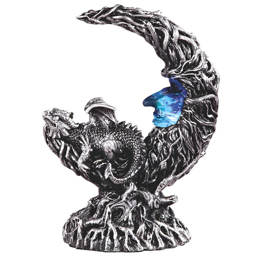 ICE ARMOR 8" H LED Silver Dragon Laying on Moon Statue Fantasy Decoration Figurine