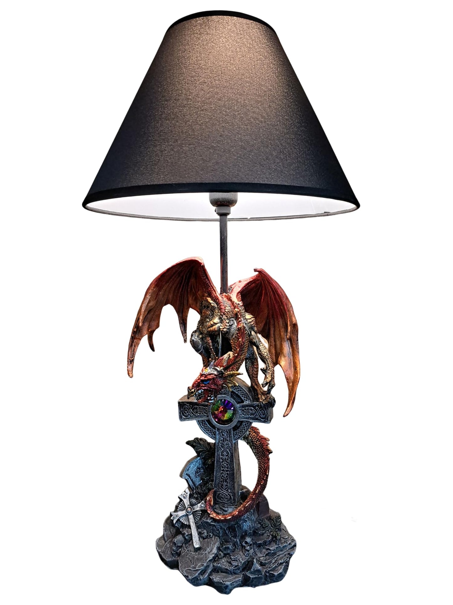 ICE ARMOR 24.5" Fantasy Collectible Dragon Statue Table Lamp Wrap Around Cross with Fabric Light Shade for Gothic and Medieval Décor (71791Red)
