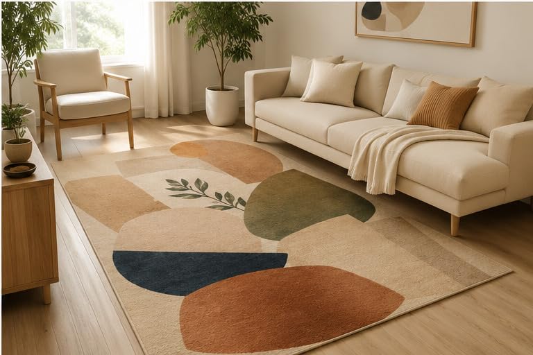 ICE ARMOR 5' x 7' Mid Century Abstract Shapes Area Rug, Soft Low Pile Indoor Rug with Non-Slip Silicone Backing, Contemporary Carpet for Living Room, Bedroom, Office, Family Room, Beige Terracotta