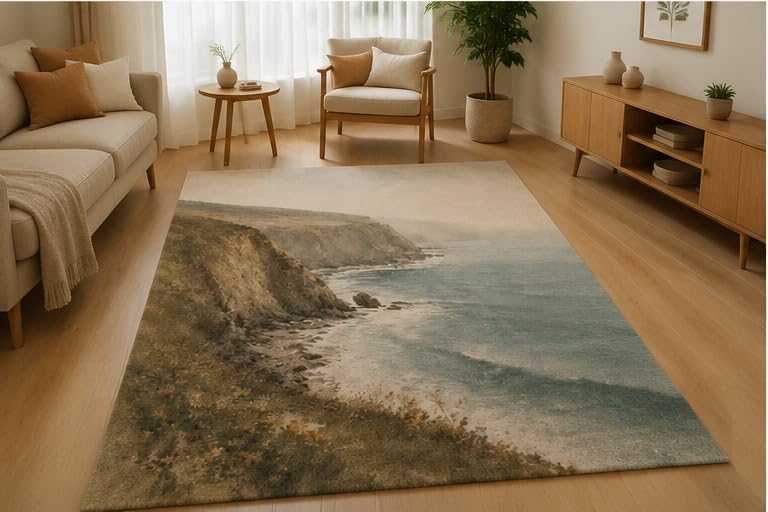 ICE ARMOR 5' x 7' Coastal Cliff Ocean Area Rug Soft Low Pile Indoor Rug with Non-Slip Silicone Backing Beach Decor Carpet for Living Room Bedroom Dining Room Office Family Room Blue Beige