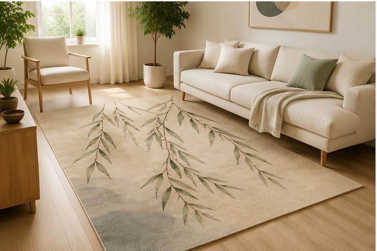 ICE ARMOR 5' x 7' Hanging Willow Branch Botanical Area Rug, Soft Low Pile Indoor Rug with Non-Slip Silicone Backing, Nature Inspired Carpet for Living Room, Bedroom, Office, Family Room, Sage Green