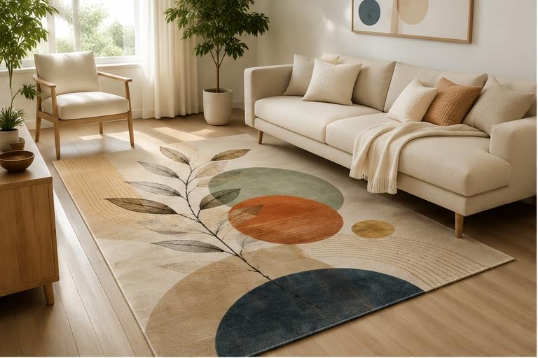 ICE ARMOR 5' x 7' Scandinavian Botanical Geometric Area Rug, Soft Low Pile Indoor Rug with Non-Slip Silicone Backing, Modern Carpet for Living Room, Bedroom, Office, Family Room, Beige Blue