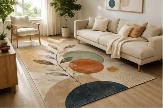 ICE ARMOR 5' x 7' Scandinavian Botanical Geometric Area Rug, Soft Low Pile Indoor Rug with Non-Slip Silicone Backing, Modern Carpet for Living Room, Bedroom, Office, Family Room, Beige Blue