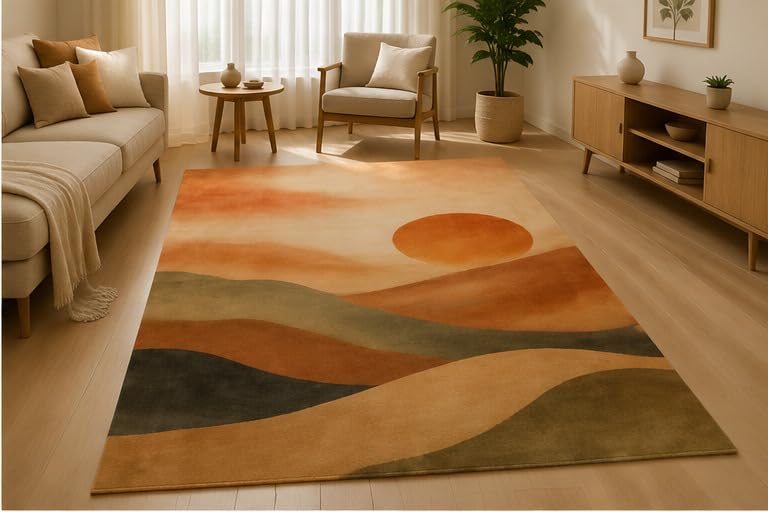 ICE Armor 5' x 7' Abstract Sunset Hills Area Rug Soft Low Pile Indoor Rug with Non-Slip Silicone Backing Modern Nature Decor Carpet for Living Room Bedroom Dining Room Office Family Room Orange Beige