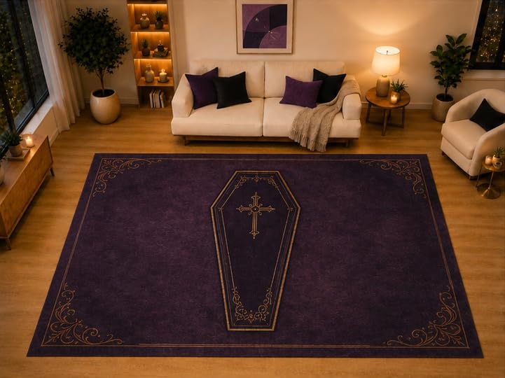 ICE ARMOR "Ultra Light Weight Large 6'7" x 9'10" Coffin Cross Gothic Area Rug for Living Room Bedroom, Soft Low Pile Non-Slip Backing, Purple Black Victorian Halloween Decor