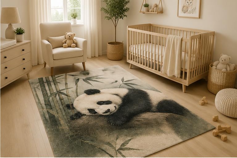 ICE Armor 5' x 7' Sleeping Panda Bamboo Area Rug, Soft Low Pile Indoor Rug with Non-Slip Silicone Backing, Woodland Animal Carpet for Nursery, Kids Room, Playroom, Bedroom, Kids and Pets, Green Black