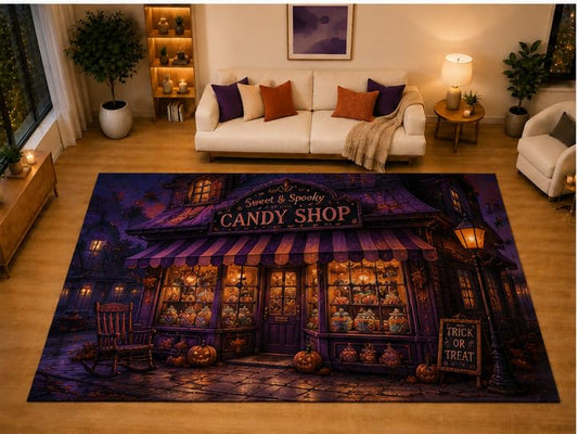 ICE ARMOR "Ultra Light Weight Large 6'7" x 9'10" Spooky Candy Shop Area Rug for Living Room Bedroom Dining Area, Soft Low Pile Non-Slip Backing, Purple Orange Black Halloween Store Decor