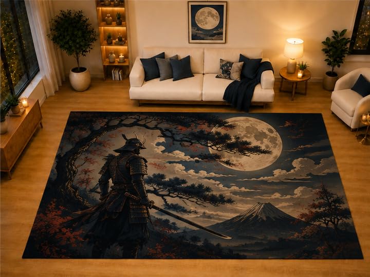 ICE ARMOR "Ultra Light Weight Large 6'7" x 9'10" Full Moon Swordsman Area Rug for Living Room Bedroom Dining Area, Soft Low Pile Non-Slip Backing, Black Blue Red Warrior Decor