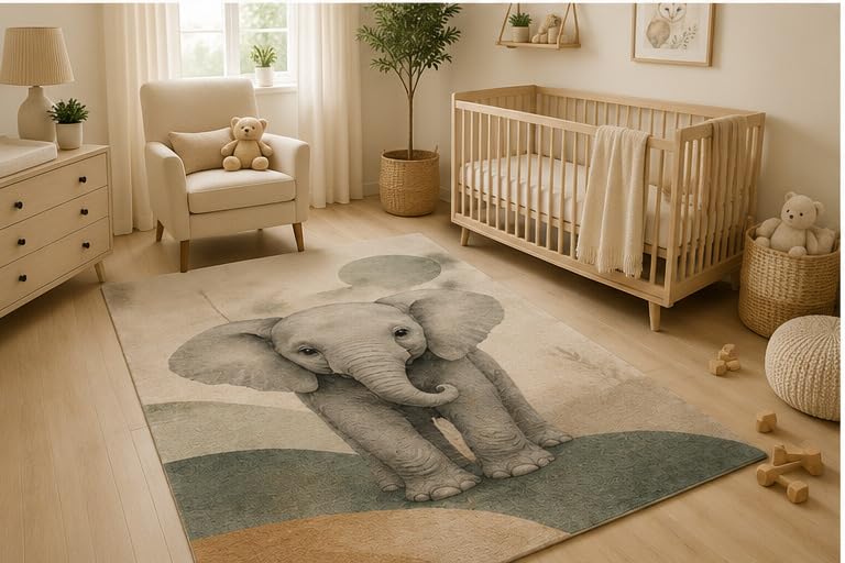 ICE ARMOR 5' x 7' Baby Elephant Safari Area Rug, Soft Low Pile Indoor Rug with Non-Slip Silicone Backing, Cute Animal Carpet for Nursery, Kids Room, Playroom, Bedroom, Kids and Pets, Beige Gray