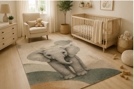 ICE ARMOR 5' x 7' Baby Elephant Safari Area Rug, Soft Low Pile Indoor Rug with Non-Slip Silicone Backing, Cute Animal Carpet for Nursery, Kids Room, Playroom, Bedroom, Kids and Pets, Beige Gray