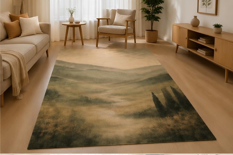 ICE ARMOR 5' x 7' Minimal Misty Forest Area Rug Soft Low Pile Indoor Rug with Non-Slip Silicone Backing Modern Nature Decor Carpet for Living Room Bedroom Office Family Room Green Beige