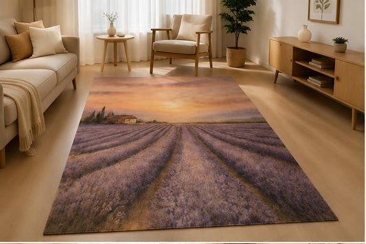 ICE ARMOR 5' x 7' Lavender Field Sunset Area Rug Soft Low Pile Indoor Rug with Non-Slip Silicone Backing Floral Nature Carpet for Living Room Bedroom Dining Room Office Family Room Purple