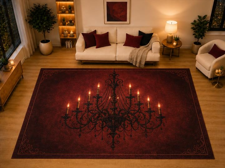 ICE ARMOR "Ultra Light Weight Large 6'7" x 9'10" Gothic Chandelier Area Rug for Living Room Bedroom, Soft Low Pile Non-Slip Backing, Red Black Victorian Dark Academia Decor