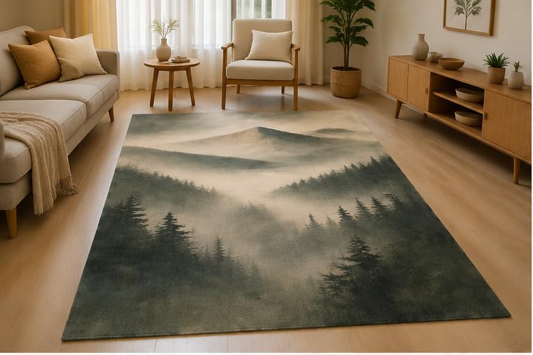 ICE ARMOR 5' x 7' Misty Mountain Pine Forest Area Rug Soft Low Pile Indoor Rug with Non-Slip Silicone Backing Scenic Decor Carpet for Living Room Bedroom Dining Room Office Family Room Green Gray