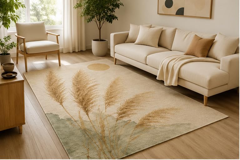 ICE ARMOR 5' x 7' Pampas Grass Botanical Area Rug, Soft Low Pile Indoor Rug with Non-Slip Silicone Backing, Nature Inspired Carpet for Living Room, Bedroom, Office, Family Room, Beige Sage Green