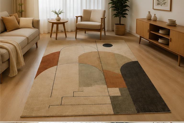 ICE ARMOR 5' x 7' Minimal Abstract Line Art Area Rug Soft Low Pile Indoor Rug with Non Slip Silicone Backing Modern Geometric Decor Carpet for Living Room Bedroom Office Family Room Beige Gray