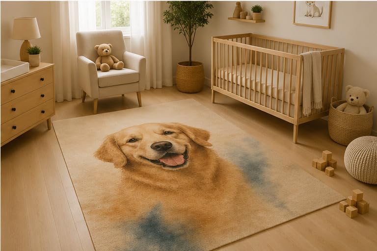 ICE ARMOR 5' x 7' Golden Retriever Dog Area Rug, Soft Low Pile Indoor Rug with Non-Slip Silicone Backing, Pet Lover Carpet for Living Room, Bedroom, Nursery, Family Room, Golden Beige