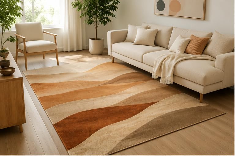 ICE ARMOR 5' x 7' Desert Dunes Abstract Area Rug, Soft Low Pile Indoor Rug with Non-Slip Silicone Backing, Contemporary Carpet for Living Room, Bedroom, Dining Room, Office, Brown Beige