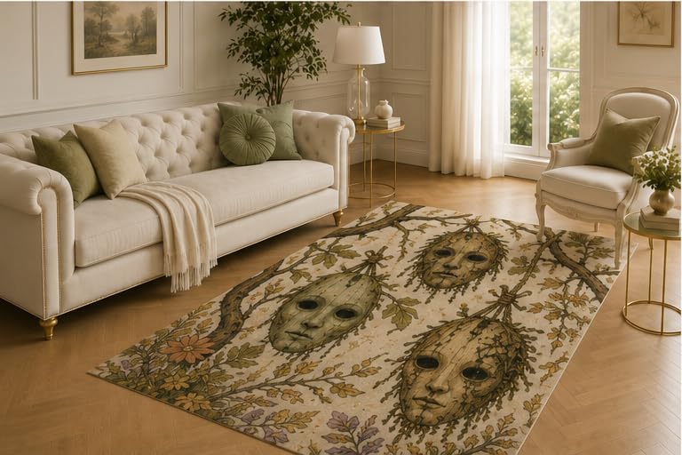 ICE ARMOR 5' x 7' Wooden Mask Rug, Suspended Face Branch and Floral Artwork, Smooth Printed Floor Cover for Studio, Lounge, Bedroom and Eerie Woodland Decor