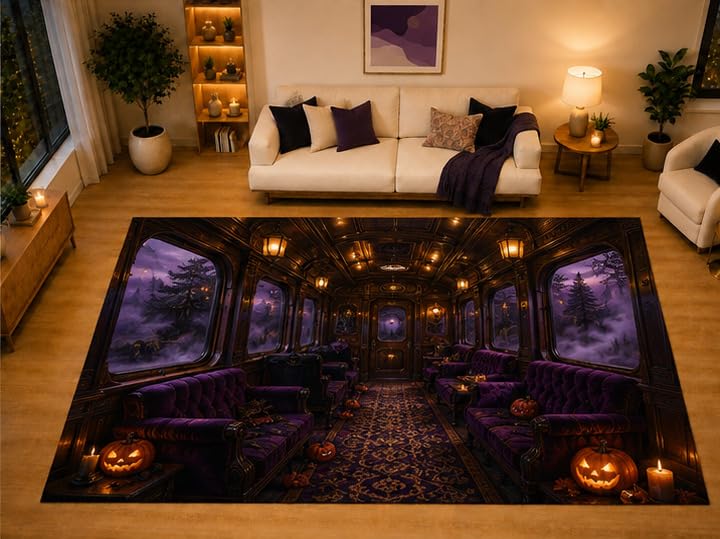 ICE ARMOR "Ultra Light Weight Large 6'7" x 9'10" Haunted Train Interior Gothic Area Rug for Living Room Bedroom Dining Area, Soft Low Pile Non-Slip Backing, Purple Black Halloween Decor