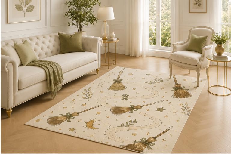 ICE ARMOR 5' x 7' Flying Broom Celestial Rug, Botanical Star Trail and Crescent Motif, Minimal Seasonal Floor Cover for Office, Meditation Space, Dormitory and Loft
