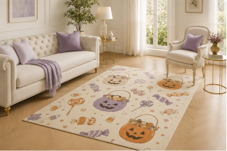 ICE ARMOR 5' x 7' Halloween Candy Bucket Rug, Jack O Lantern Lollipop and Sweet Treat Artwork, Playful Indoor Mat for Children’s Bedroom, Play Space and Party Décor