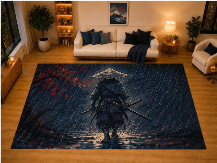 ICE ARMOR "Ultra Light Weight Large 6'7" x 9'10" Rainy Swordsman Area Rug for Living Room Bedroom Dining Area, Soft Low Pile Non-Slip Backing, Navy Red Black Martial Decor